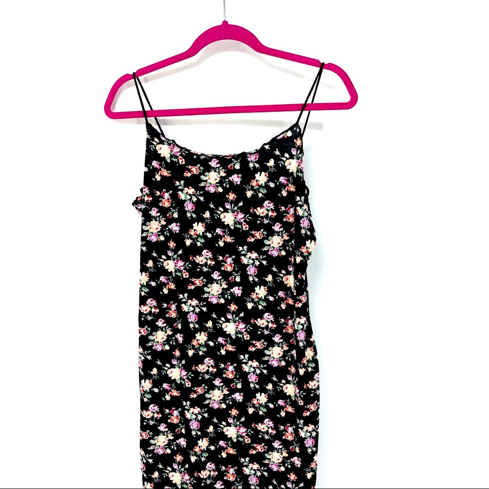Large Black Floral Print Lettuce Trim Mini Dress - Picture 2 of 7